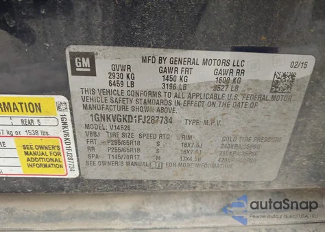 2015 Chevrolet Traverse 1Lt from USA, damaged, VIN 1GNKVGKD1FJ287734